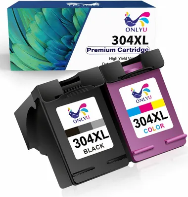 Two printer ink cartridges and their packaging are displayed against a white background.