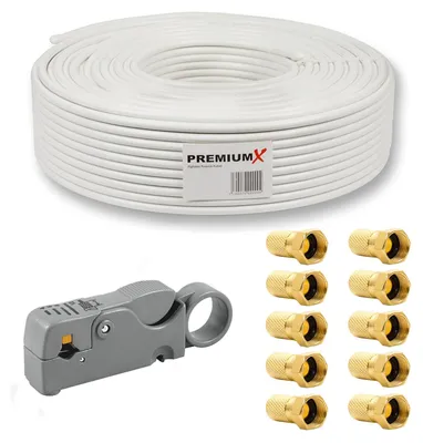 Produktbild von PremiumX 50m BASIC Koaxialkabel 135dB 4-fach SAT Abisolierer 10x F-Stecker