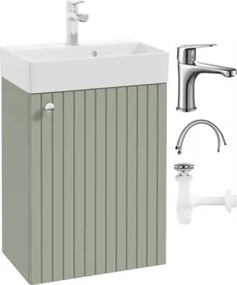 Produktbild von Badezimmerschrank mit Waschbecken Eukalyptus Chrom Mischbatterie und Chromgriff 50x70cm Kiara