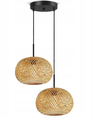 A product shot of a double pendant light with bamboo shades.