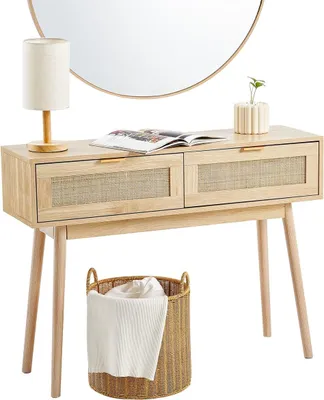 Image de Table console en rotin avec 2 tiroirs de rangement Porte coulissante en rotin naturel