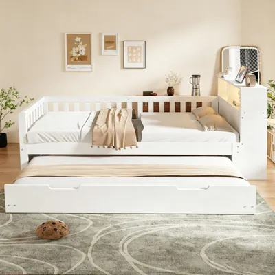 Produktbild von okwish Tagesbett 90×200 mit Steckdose und Ausziehbett, Kinderbett mit LED und Sicherheitsgitter,Holzbett mit Stauraum,Weiß,ohne Matratze