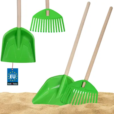 Produktbild von KOTARBAU® Set 2-teilig Kinderschaufel 74cm Sandschaufel mit Holzstiel Laubrechen Kunststoff für Kinder 71cm Laubharke mit Holzstiel PVC Grün