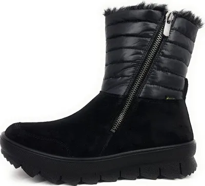 A black winter boot is shown against a white background.