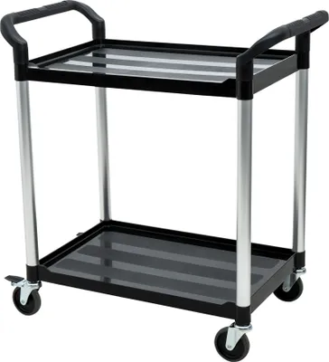 Produktbild von STIER Servierwagen, mit 2 Etagen, Schiebegriffe auf beiden Seiten, LxBxH 860x480x930 mm, Tragfähigkeit 150 kg, 4 Lenkrollen, 2 davon feststellbar, Etagenwagen, Schiebewagen, schwarz