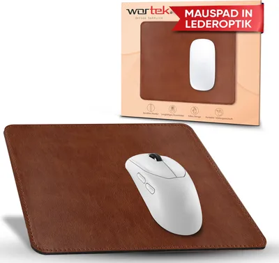 Produktbild von wortek Mauspad klein - Elegante Lederoptik - Office Mauspad Lederdesign - langlebiges Kunstleder - 24x20cm - vernähte Kanten - rutschfeste Gummiunterseite - Mousepad Gaming - Braun