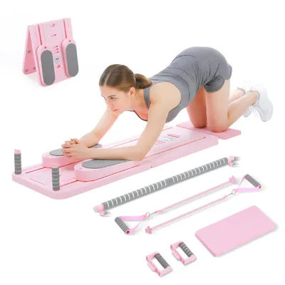 Produktbild von Pilates Board faltbar mit Trainingsstange & Widerstandsbändern, Timer inklusive, Multifunktionales Trainingsboard für Zuhause, Pink