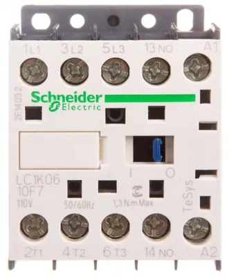 Imagen del producto de Contactores Schneider Electric LC1K, 3 polos, +1S, 2.2 kW, 6 A, 400 V AC3, bobina 110 V AC, modelo LC1K0610F7