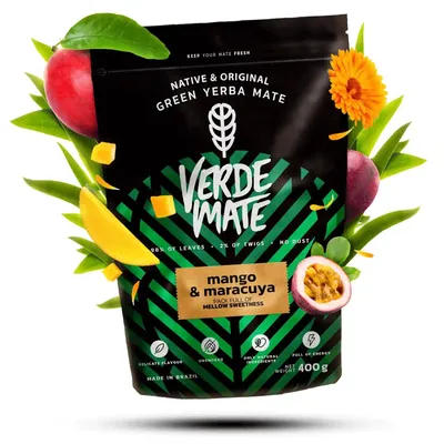 Produktbild von Verde Mate - Mate Tee Mango & Maracuya 400g - Dicke Blätter 5mm - Exotische Tropenfrüchte - Luftgetrocknet, Mild - Brasilien