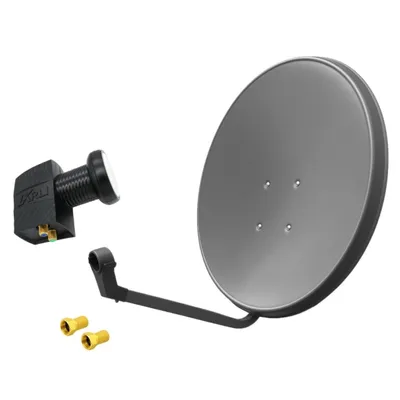 A satellite dish, LNB, and connectors are displayed against a white background.