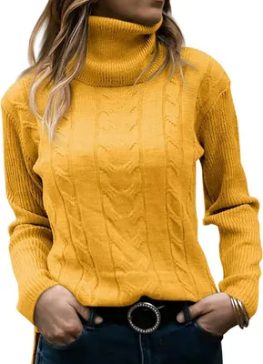 Produktbild von ASKSA Damen Elegant Rollkragen Pullover Casual Strickpullover Jumper Langarm Pulli Sweatshirt Oberteile, Gelb, M