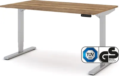 Produktbild von ASSMANN Elektrisch höhenverstellbarer Schreibtisch Y-Line Eiche Tabak Weißaluminium, 140x80cm, Memoryfunktion, Kollisionsschutz, 2-fach-Motorik