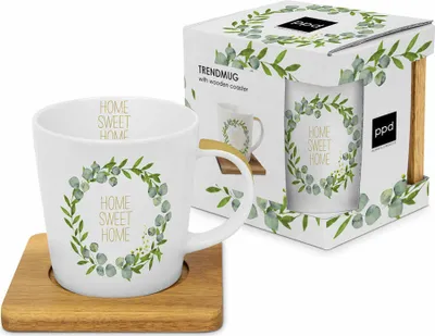 Immagine prodotto di PPD Home Sweet Home Trend Mug Natura, con sottobicchiere in legno, tazza, tazza da tè, tazza da caffè, 350 ml, 604298