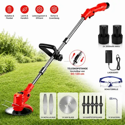 Produktbild von Akku-Rasentrimmer mit 2 Batterien, Freischneider, Motorsense, mit Akku und Ladegerät, Teleskop-Stiel & Zusatzhandgriff