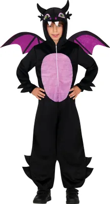Immagine prodotto di Costume da Drago Volante Avventuriero Halloween Creatura Magica Bambini Nero Ali Viola Cappuccio Mondo delle Fiabe Pezzo Unico Animale, Taglia: 110/116 Colore: Nero / Viola