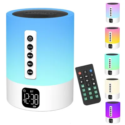 A multi-functional bedside lamp with integrated Bluetooth speaker and clock, shown with its remote control and various color options.