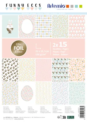 Produktbild von Artemio Motivpapier-Block Funny Eggs, 30 Bogen, 150 g/m², 21,0 x 29,7 cm, Ostermotive mit Goldfolie