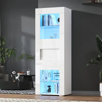 Produktbild von Merax Vitrine LED mit 4 Ablageflächen, Hochschrank mit 1 Acryltür, Hochglanz Wohnzimmerschrank mit 2 verstellbare Glastrennwände, Weiß