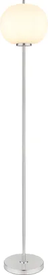A modern floor lamp with a brushed nickel finish and a white, oval-shaped shade.