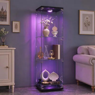 Image de Vitrine de collection en verre avec éclairage LED, vitrine moderne à 3 niveaux, vitrine d'exposition sur pied avec serrure, pour objets de collection, couleur noire