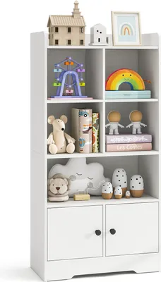 A white bookshelf filled with various toys and decorative items.