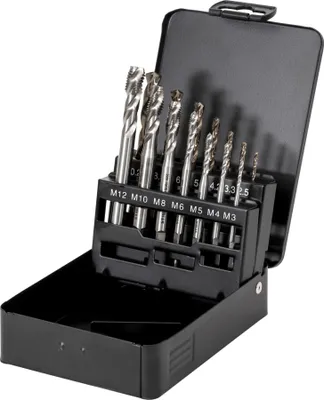 Produktbild von STIER Maschinengewindebohrer-Satz HSS-E Co5, M3-12, Form C 35°, 14-tlg., in einer Metallkassette, Sacklochgewindebohrer