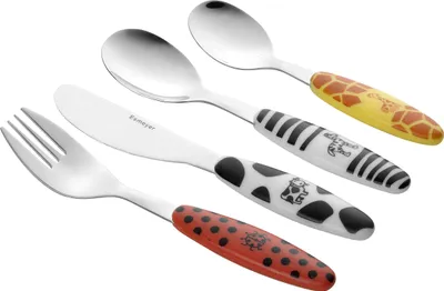 Kinderbesteck Safari, 4-teilig, Edelstahl 18/0, bunte Kunststoffgriffe