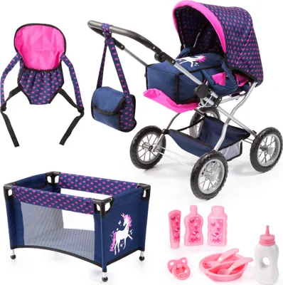 Produktbild von Bayer Design 15054AB Kombi-Puppenwagen Grande Mega Set mit Puppenbett, Tasche, Puppentrage, blau, rosa, Einhorn