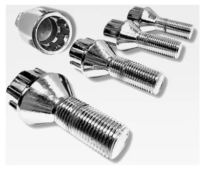 Produktbild von Felgenschloss M12x1,25x27mm Kegelbund 60° kompatibel mit Alfa Romeo Fiat Ford Jeep Lancia Maserati silberne Felgenschlösser im Set