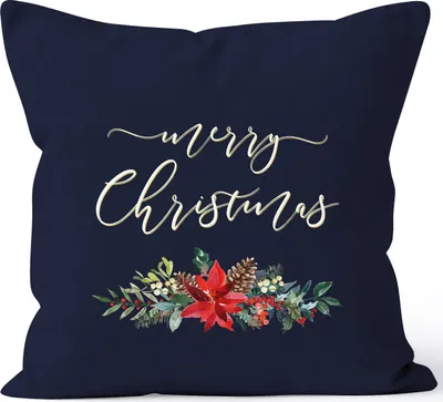 Zdjęcie produktu dla Poszewka na poduszkę świąteczna Merry Christmas z motywem kwiatów i gwiazdy betlejemskiej Flower Wesołych Świąt Autiga® granatowa 40 cm x 40 cm