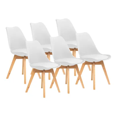 A set of six white dining chairs with light brown wooden legs, arranged in a row against a white background.