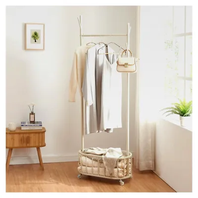 Produktbild von Kleiderständer Risør Garderobenständer mit Kleiderstange und Wäschekorb, 4 Haken, rollbar, Stahl, Schuhablage, Jackenständer mit 4 Rollen, 70 x 36 x 147 cm, Weiß