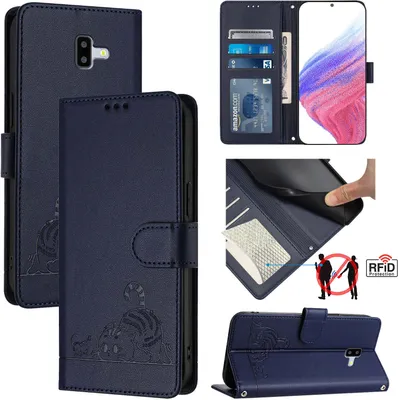 Produktbild von Leder Hülle für Samsung Galaxy J6 Plus Süße Katze Flip Case Brieftasche Schutzhülle mit Standfunktion Blau