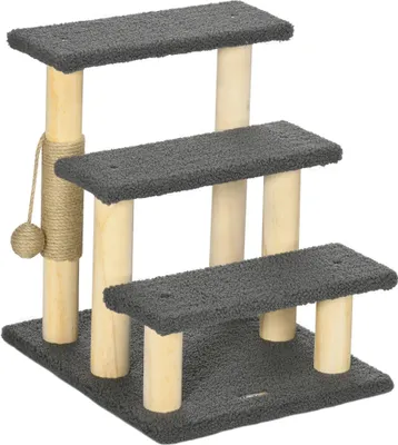 Produktbild von PawHut Katzentreppe 3-stufige Tiertreppe, 48 cm Haustiertreppe mit Sisalsäule, Hundetreppe mit Spielball, Einstieghilfe für hohe Betten, Kiefernholz, Grau+Natur