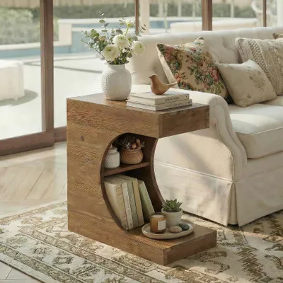 Productafbeelding van Wanbor bijzettafel van massief hout, moderne C-vormige bijzettafel met twee opbergvlakken, minimalistische, rustieke nachtkastje/salontafel