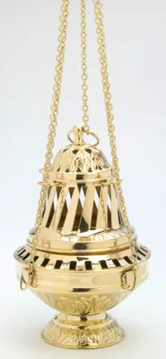 Produktbild von Weihrauchfass mit Kette zum Hängen aus Messing Gold Santiago Serie Höhe 27 cm mit Innenschale aus Stahl für die Räucherkohle