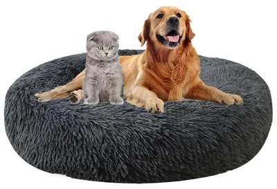 Image de Lit pour chien, forme ronde, diamètre 100 cm, en peluche, lavable, antidérapant, couleur gris foncé