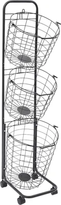 A black metal laundry basket with three tiers and wheels, shown against a white background.