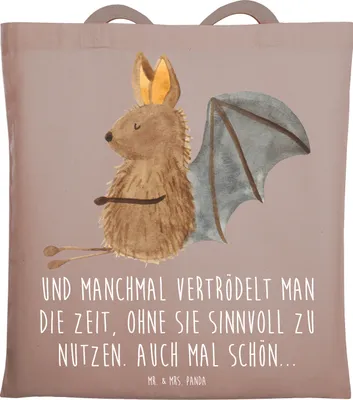 Produktbild von Mr. & Mrs. Panda Uni Tasche Fledermaus Sitzen - Braun Pastell - Geschenk, Schultasche, Tote Bag, Tragetasche, Laptoptasche, Fledermäuse, Jutebeutel, Motivation, Shopping