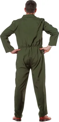 A person wearing a green jumpsuit, viewed from the back.