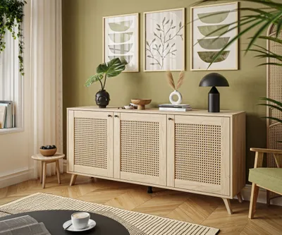 Produktbild von Třídveřová komoda VIENNA 3D s vídeňským proutím, dub Puccini + potisk vídeňského proutí, šikmé plastové nohy