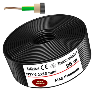 Produktbild von 25m Erdkabel Starkstromkabel NYY-J 1x10 mm² Elektrokabel OFC Ring