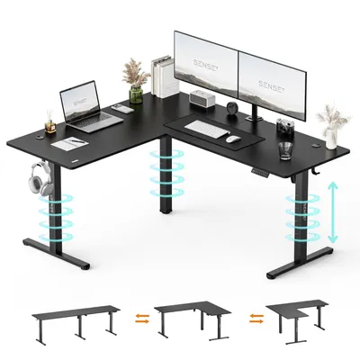 Obrázok produktu pre SENSE7 NOJO, rohový písací stôl, model Light Corner, elektricky nastaviteľná výška, rozmer 160x140, tvar L, stojací písací stôl, dvojitý motor, nastaviteľná výška s pamäťou, čierna farba