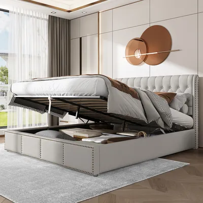 Produktbild von Flieks Čalúnená posteľ 180x200 cm Manželská posteľ s lamelovým roštom, hydraulická posteľ Boxspring s úložným priestorom a čelom, úložná funkčná posteľ Manželská posteľ, svetlosivá