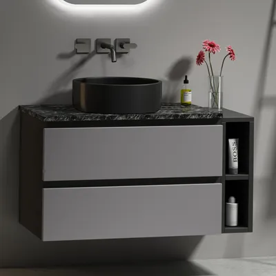 Produktbild von okwish Badmöbel-Set 80*44*48.5 cm Waschbecken hängend Kleine  Gästebadmöbel,Waschbeckenunterschrank， mit Schubladen,schwarz-grau