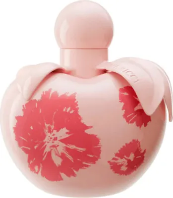 A pink apple-shaped perfume bottle with red floral designs.