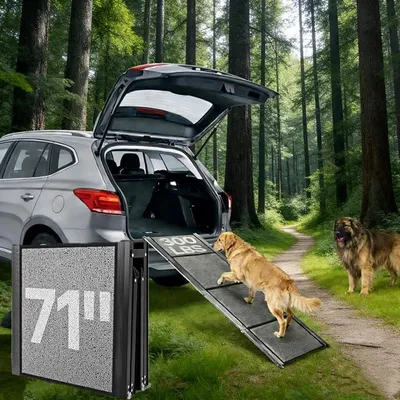 Imagen del producto de Rampa para perros de 180 cm, plegable, fabricada en aluminio, resistente hasta 115 kg. Superficie suave y antideslizante. Rampa ligera de aluminio para mascotas, ideal para perros medianos, grandes y mayores