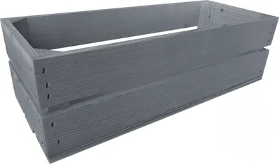 A gray wooden crate is shown against a white background.