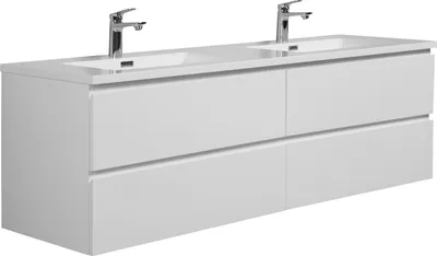 A white, modern double vanity with two sinks and faucets, shown from a slight angle against a white background.