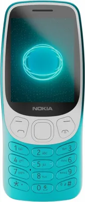 A front view of a turquoise Nokia feature phone.